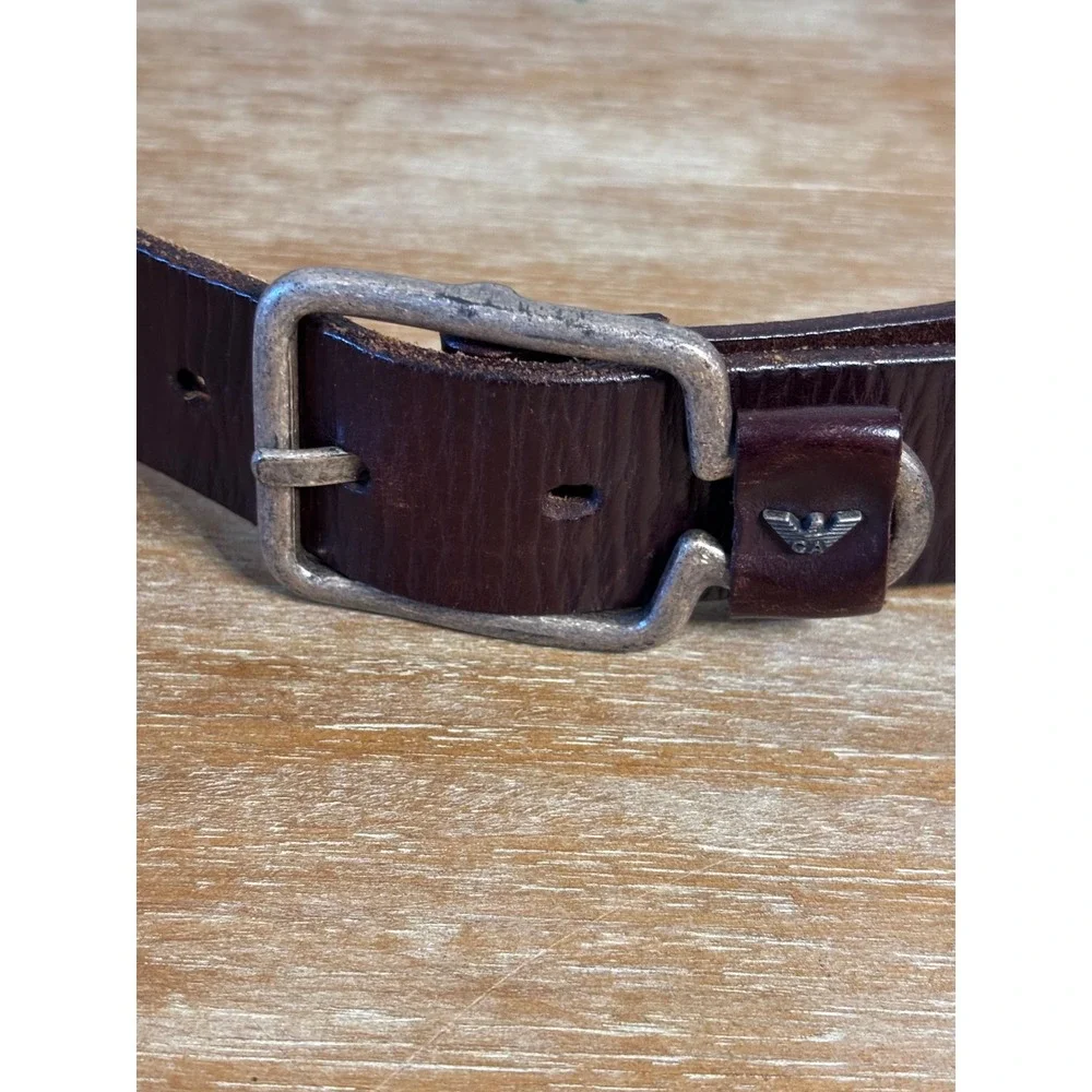 Armani Jeans Mens Dark Brown Pebbled Leather Belt Silver Eagle Logo Buckle 34 85